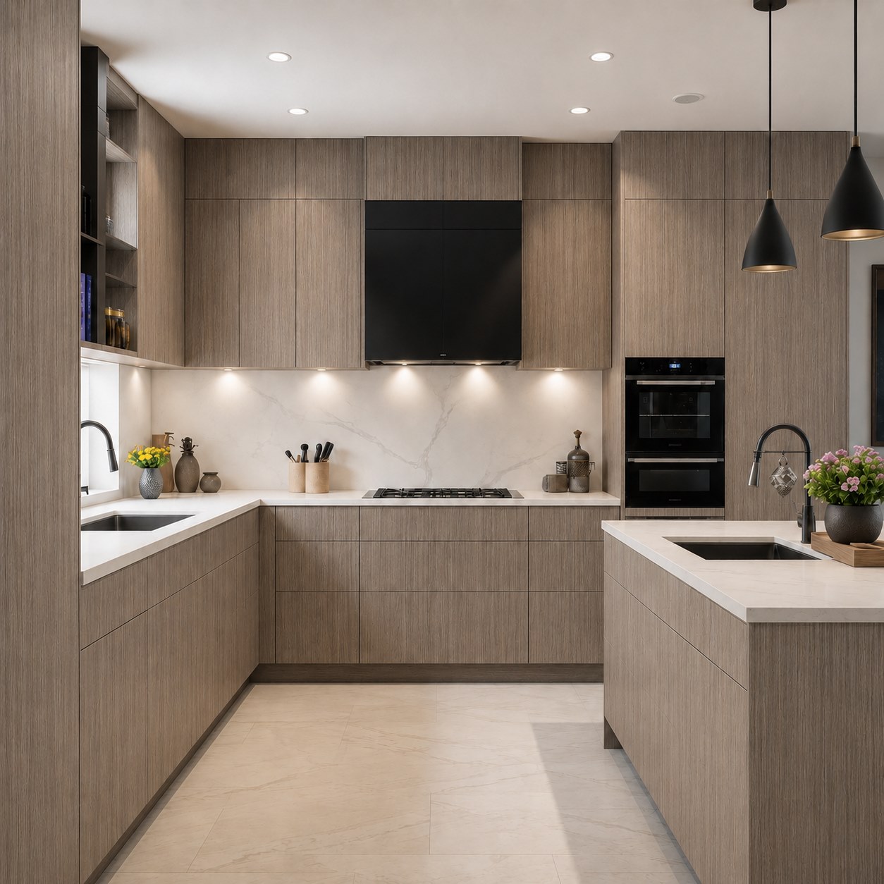Modern Wood Grain Flat Panel Kitchen Cabinets