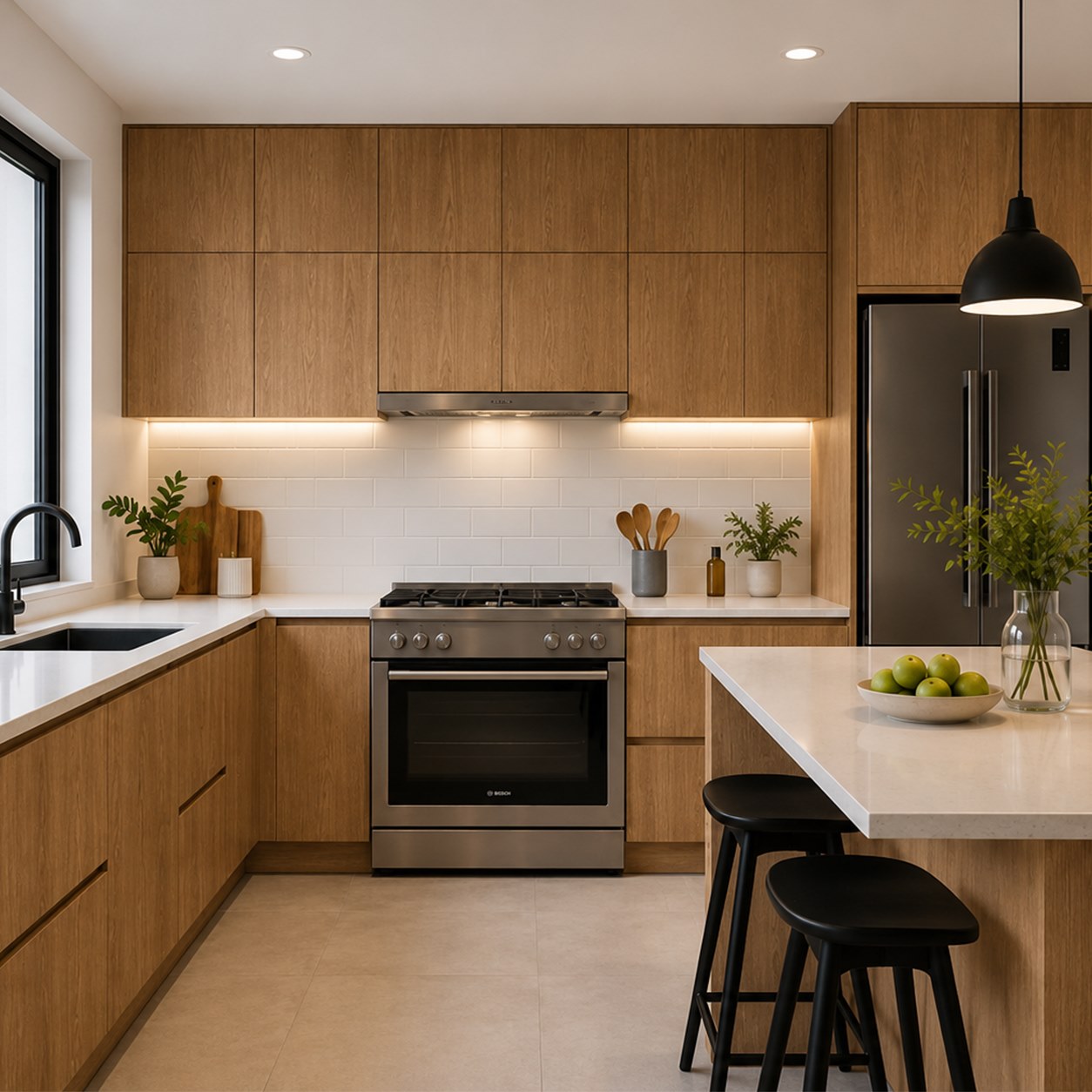 Warm Oak Flat Panel Kitchen Cabinets